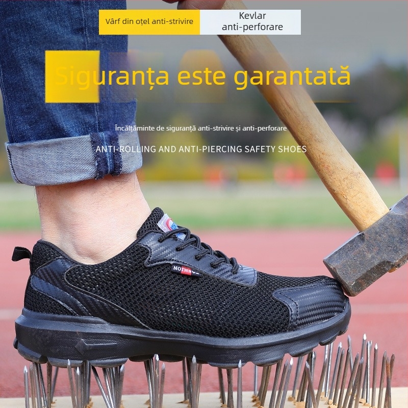 Pantofi de lucru respirabili, vară, cu vârf din oțel, protecție împotriva loviturilor și perforării, partea superioară din Flyknit, talpă din cauciuc, negru