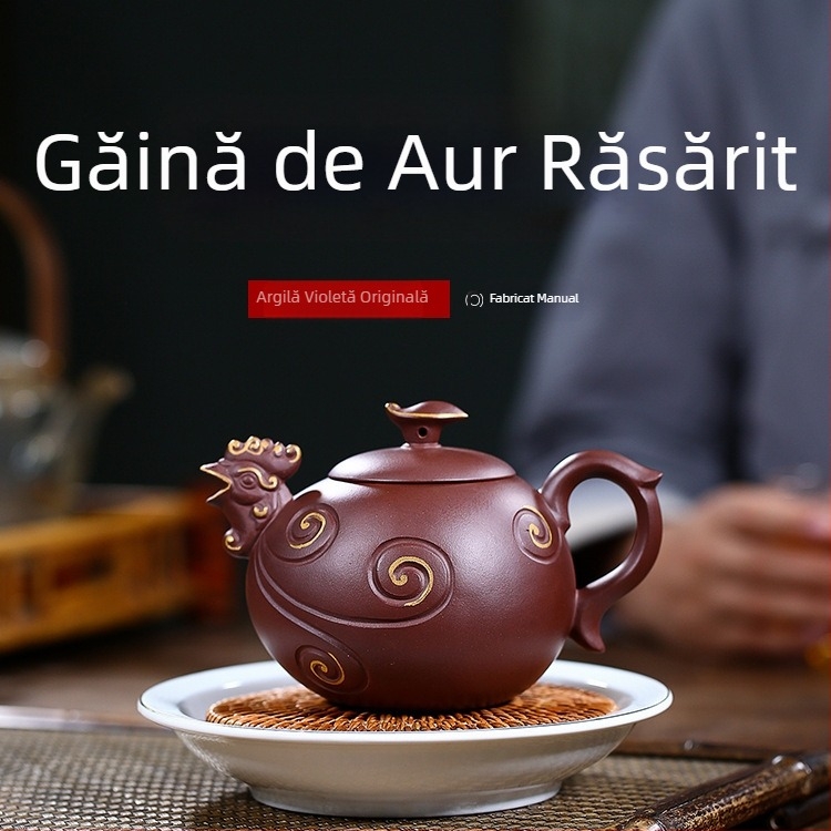 Ceainic Yixing Zisha – pictat manual, din lut purpuriu original, cu motiv găină aurie la răsărit – set cadou de ceai, personalizabil