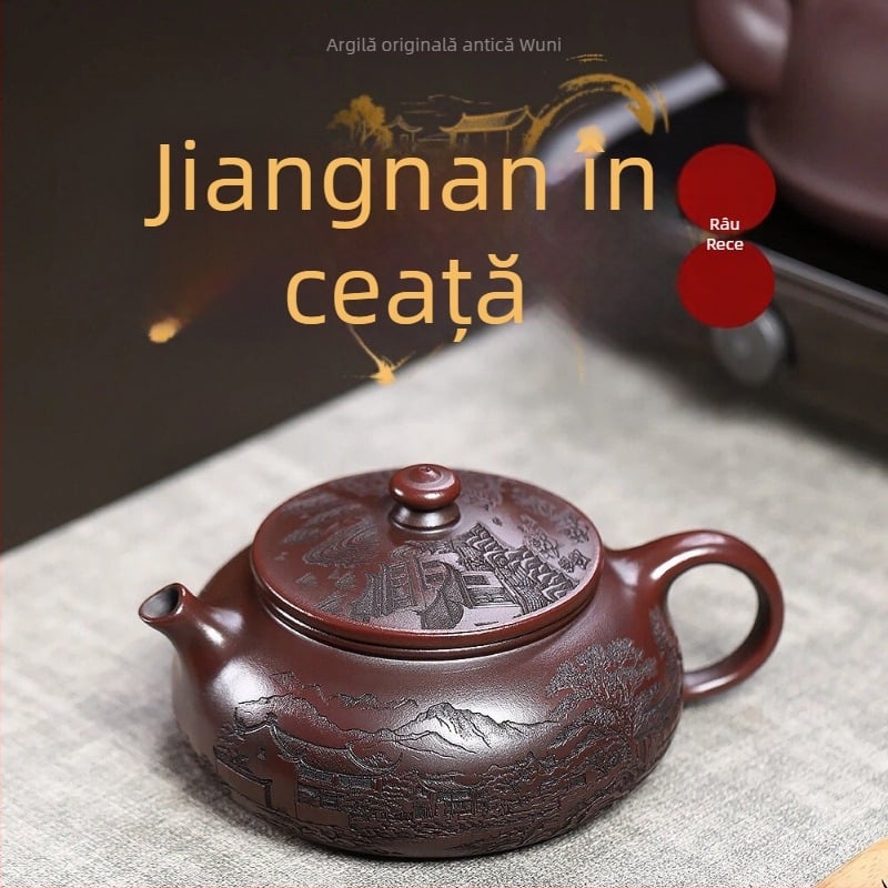 Ceainic Yixing din lut purpuriu, lut negru original mineral, capacitate mare, ceață Jiangnan, ceainic Kung Fu