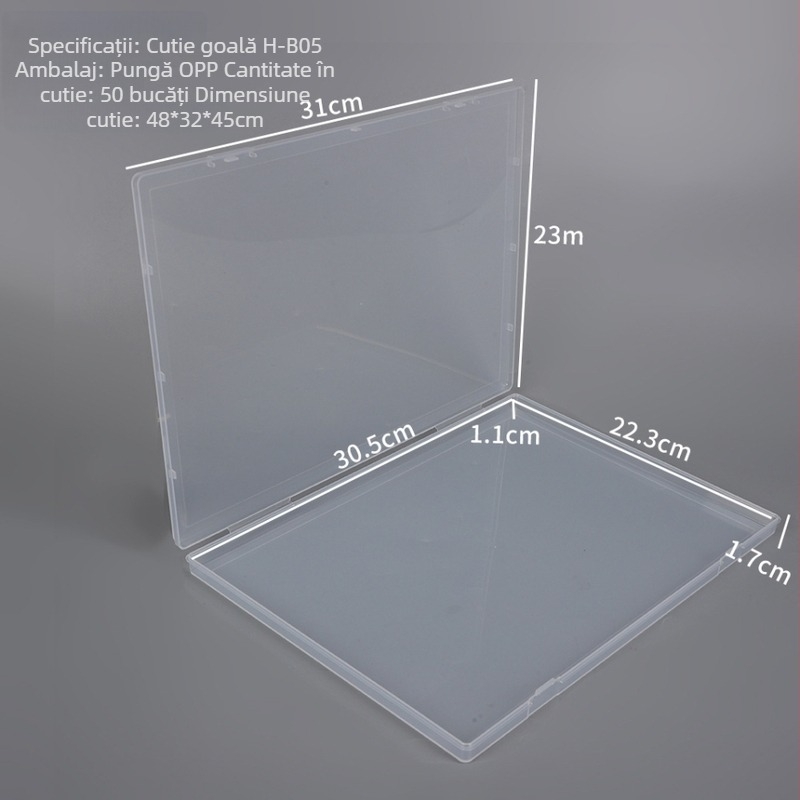 Cutie transparentă plată din plastic, dreptunghiulară, înălțime 1,7 cm, pentru autocolante, documente, papetărie, ambalare și depozitare