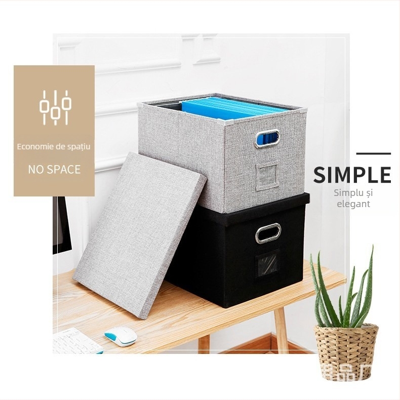 Cutie de depozitare textile pentru birou cu capac, 45 L, mare, pliabilă și stivuibilă