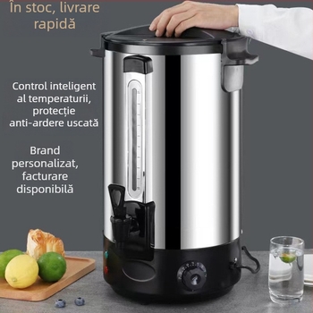 Recipient din oțel inoxidabil, pereți dubli izolați, încălzire electrică, capacitate mare; pentru fierberea apei, supe, gătit și ceai.