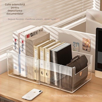 Cutie de depozitare pentru dosare, organizator pentru hârtie A4, suport telescopic transparent pentru cărți, raft de depozitare pentru birou