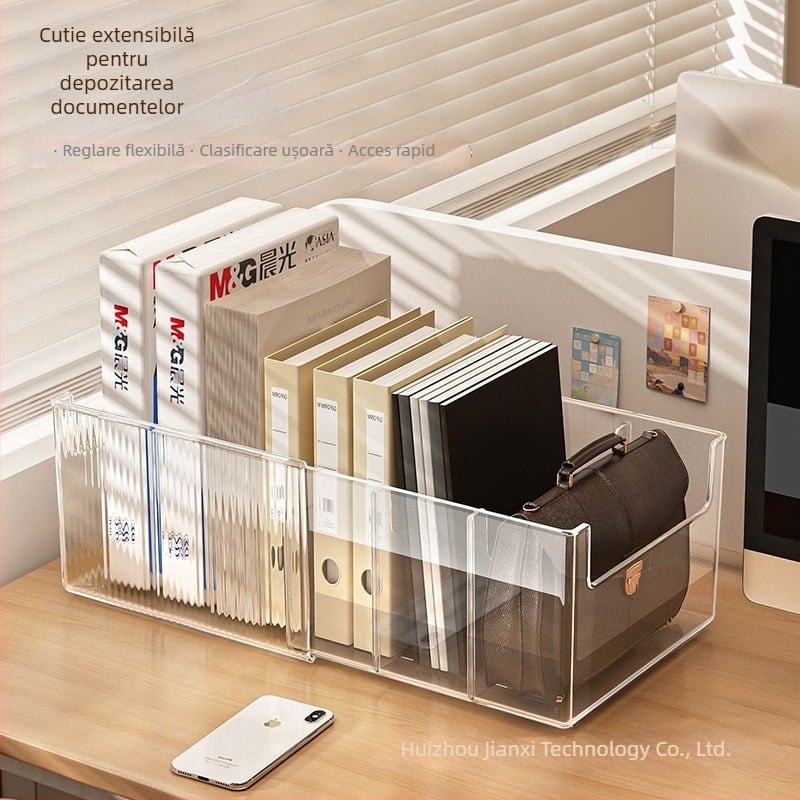 Cutie de depozitare pentru dosare, organizator pentru hârtie A4, suport telescopic transparent pentru cărți, raft de depozitare pentru birou