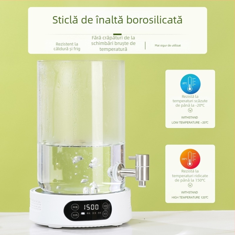 Dispenser din sticlă izolat cu robinet și funcție de încălzire; recipient versatil pentru apă, ceai, lapte, lapte de soia și suc.