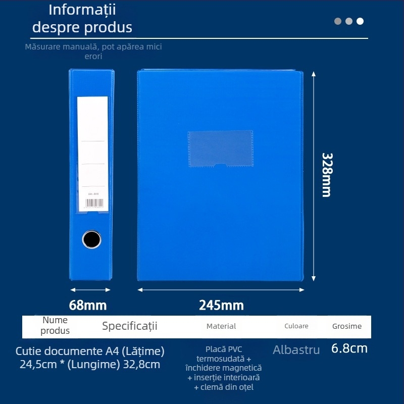 Cutie PVC pentru dosare, cu clemă metalică, cutie rigidă cu închidere magnetică pentru documente și fișiere A4