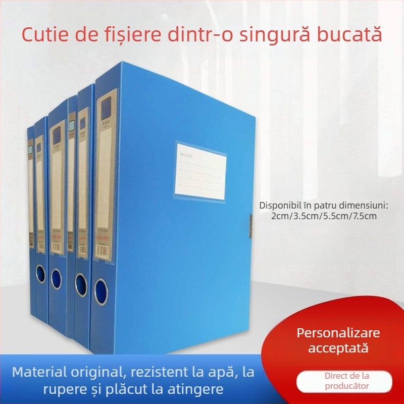 Cutie unică din plastic pentru dosare, cu patru compartimente lățimi 2 cm, 3,5 cm, 5,5 cm și 7,5 cm; dimensiuni 31,5 x 23,5 cm; pentru dosare ale personalului