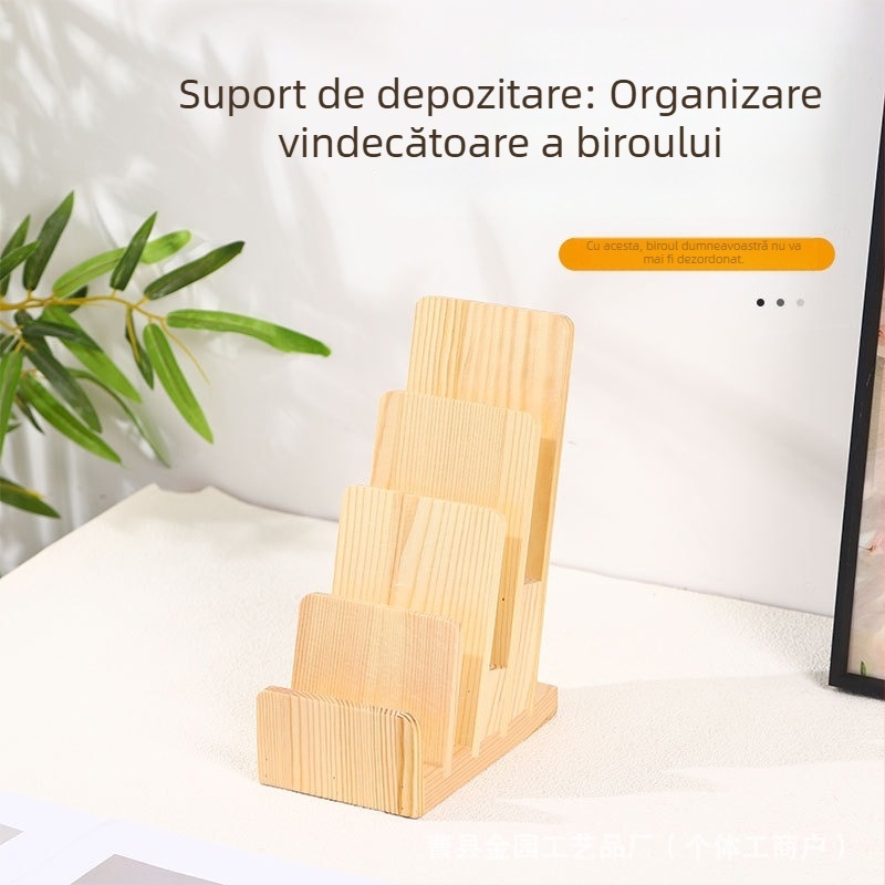 Raft din lemn pentru carduri de vizită, suport de afișare pe birou pentru reviste și flyere, vertical, cu 4 etaje și bază antiderapantă