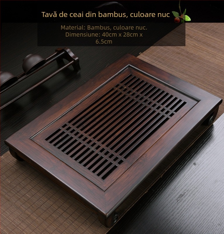 Tavă de ceai Gongfu din bambus, culoare nuc, set simplu pentru casă cu drenaj și rezervor de apă, masă de ceai cu sertar