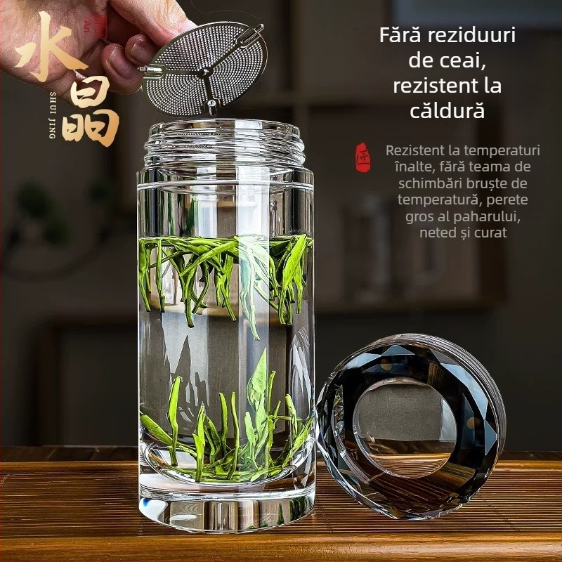 Ceaișcă de ceai din sticlă cristal, 500 ml, pentru mașină și birou, design de înaltă calitate, stil chinezesc nou, cutie cadou