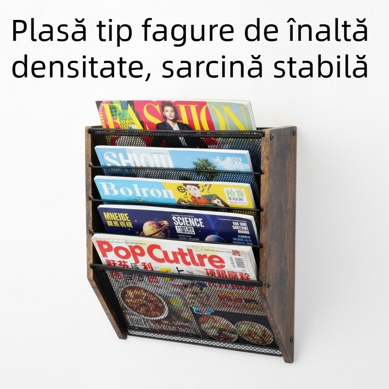 Organizator din lemn pentru fișiere montat pe perete, cu 5 etaje, suport pentru reviste