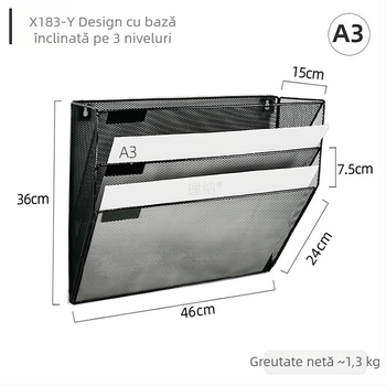 Raft metal pentru fișiere A3, suspensat, cu trei niveluri, pentru foi de desen, schițe, reviste și ziare, suport decorativ din fier, finisaj negru-argintiu