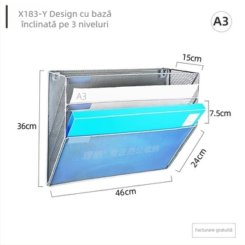 Raft metal pentru fișiere A3, suspensat, cu trei niveluri, pentru foi de desen, schițe, reviste și ziare, suport decorativ din fier, finisaj negru-argintiu