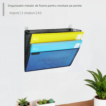Raft metal pentru fișiere A3, suspensat, cu trei niveluri, pentru foi de desen, schițe, reviste și ziare, suport decorativ din fier, finisaj negru-argintiu