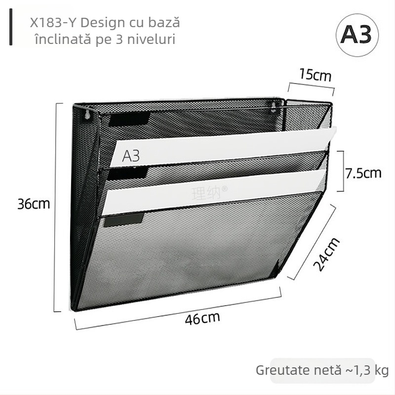 Raft metal pentru fișiere A3, suspensat, cu trei niveluri, pentru foi de desen, schițe, reviste și ziare, suport decorativ din fier, finisaj negru-argintiu
