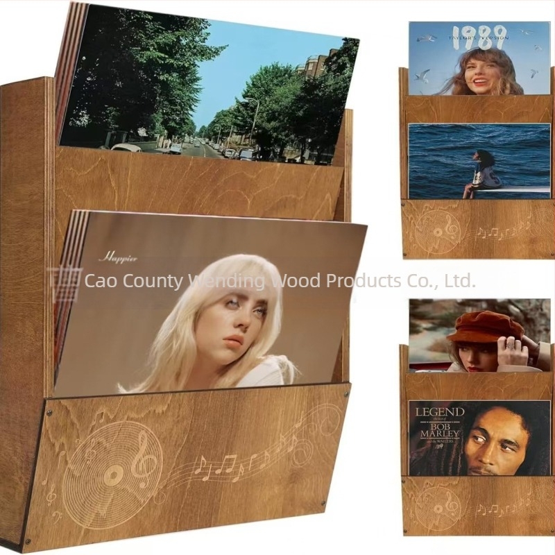 Poliță de perete din lemn, cu două etaje pentru albume, reviste și viniluri, spațiu de depozitare pentru sufragerie
