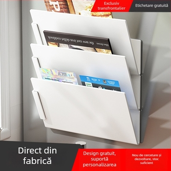 Raft de depozitare din oțel carbon, montat pe perete, cu magneți, pentru reviste și documente, fără găuri, organizator în unghi pentru casă, birou și bucătărie