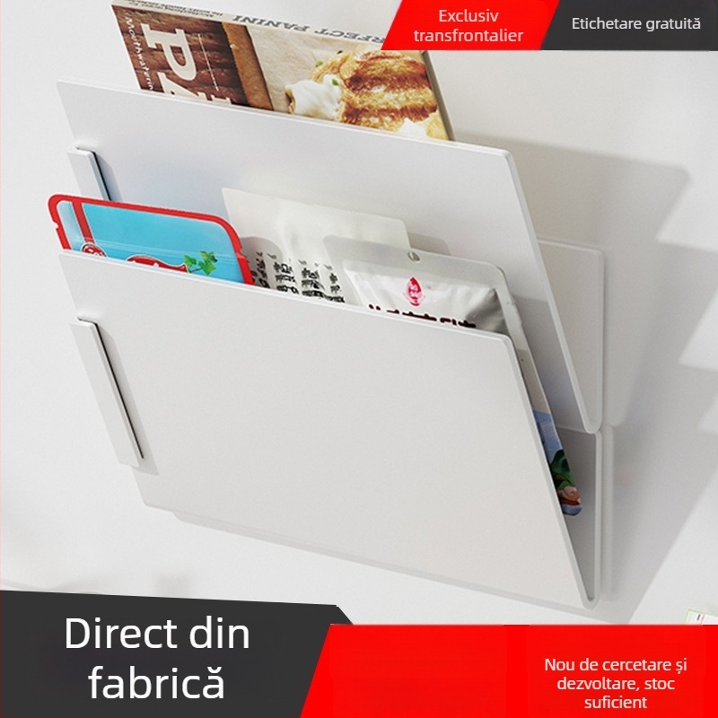 Raft de depozitare din oțel carbon, montat pe perete, cu magneți, pentru reviste și documente, fără găuri, organizator în unghi pentru casă, birou și bucătărie