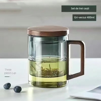 Ceșă de ceai din sticlă borosilicat cu mâner din lemn de nuc, capac și filtru, infuzor din sticlă