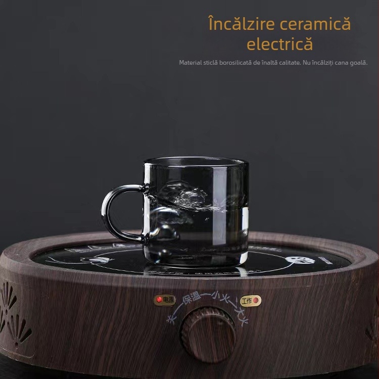 Ceșcuță de ceai din sticlă gri fumuriu, mică, cu mâner mic, rezistentă la temperaturi înalte