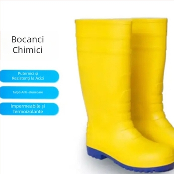 Cizme de protecție chimică Haigu HG-FHX07, partea superioară galbenă, talpa albastră, rezistente la acizi și baze