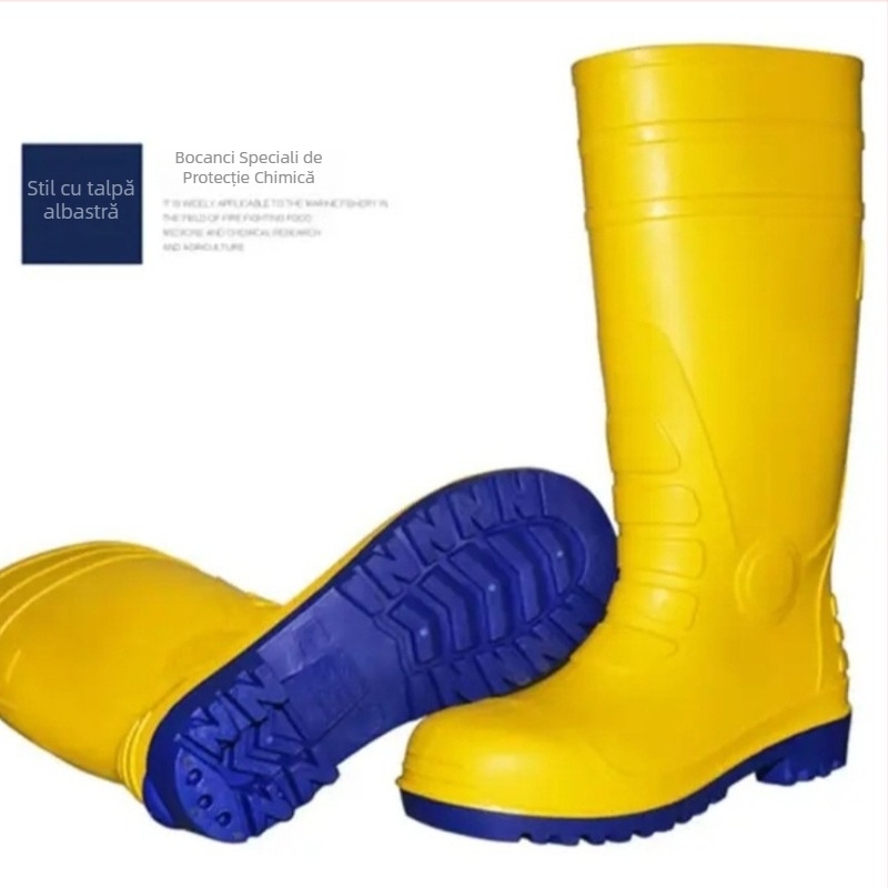 Cizme de protecție chimică Haigu HG-FHX07, partea superioară galbenă, talpa albastră, rezistente la acizi și baze