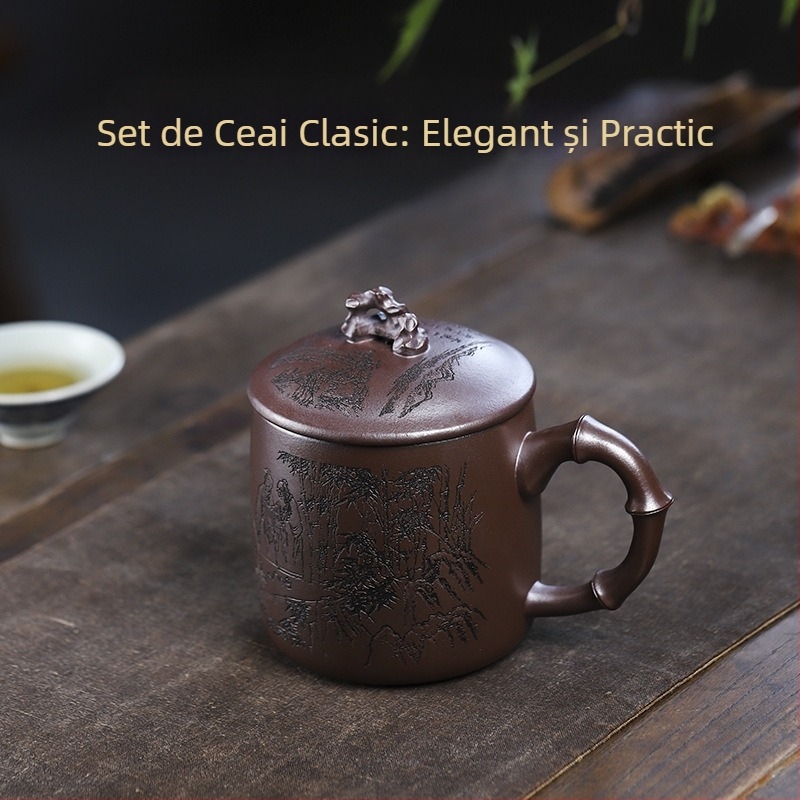 Ceainic Yixing din lut mov, Huanglongshan mov, ceașcă cu capac cu design Bamboo Forest Seven Sages, mare capacitate pentru uz casnic