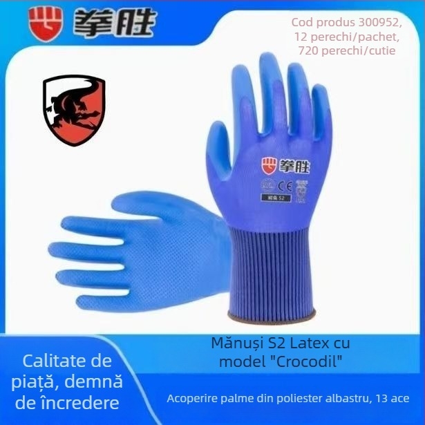 Mănuși Qiansheng S2, tricotate din poliester, latex embosat pentru anti-derapare, rezistente la uzură și tăiere, pentru utilaje agricole