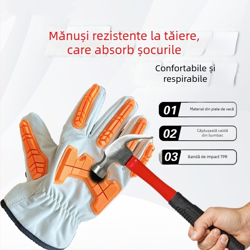 Mănuși pentru mineri, antișoc, din piele de vițel, pentru câmpuri petroliere și șantiere miniere; rezistente la tăiere și protecție la coliziune