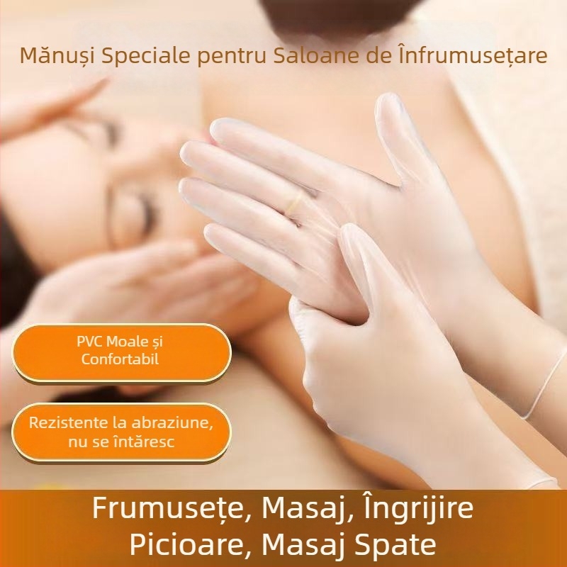 Mănuși din PVC de unică folosință pentru proceduri cosmetice: manichiură, vopsire păr, masaj, terapie pentru spate și picioare, bucătărie; transparente, impermeabile, grosime 0.05 mm