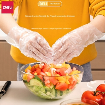 Deli LQ110 mănuși PE de unică folosință, de calitate alimentară, transparente, în cutie, cu design de extragere, impermeabile și rezistente la murdărie, pentru masă