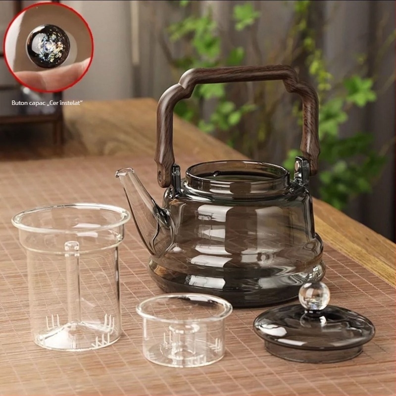 Ceainic din sticlă borosilicat de înaltă calitate, maro, cu model cer înstelat, cu dublu sistem de abur și un instrument din lemn natural pentru infuzarea ceaiului cu flori