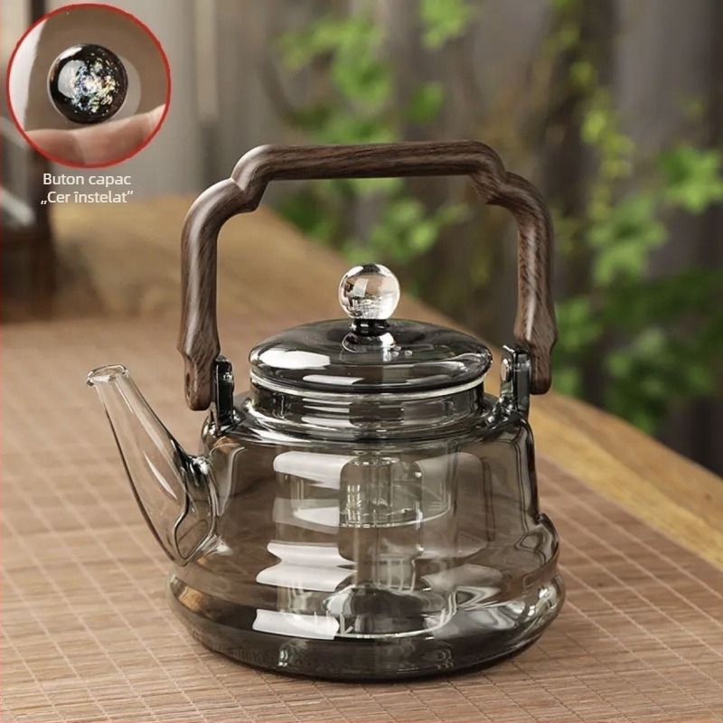 Ceainic din sticlă borosilicat de înaltă calitate, maro, cu model cer înstelat, cu dublu sistem de abur și un instrument din lemn natural pentru infuzarea ceaiului cu flori