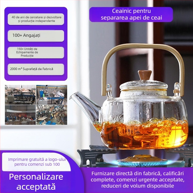 Ceainic personalizat cu mâner din bambus, pentru uz casnic, separare ceai-apă, rezistent la căldură și la explozie