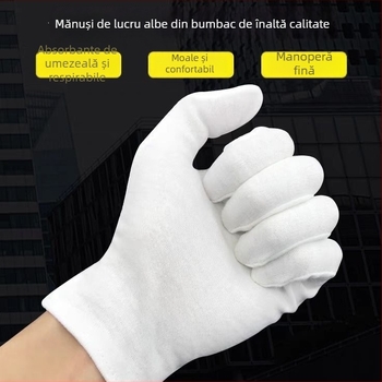 Mănuși albe din bumbac antistatice, absorbante la transpirație, pentru prelucrarea componentelor electronice cu precizie în spații curate fără praf