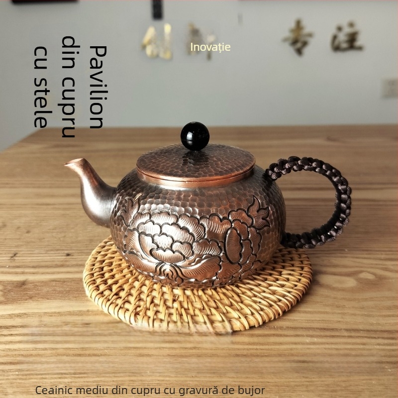 Ceainic din cupru mov, gravură manuală, stil chinezesc retro kung fu