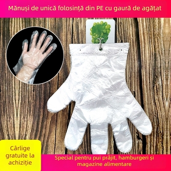 Mănuși PE de unică folosință pentru alimentație, transparente, cu orificiu de agățare, 100 buc/pachet