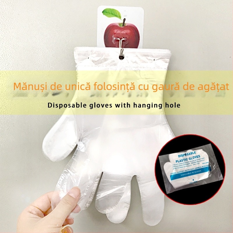 Mănuși PE de unică folosință pentru alimentație, transparente, cu orificiu de agățare, 100 buc/pachet