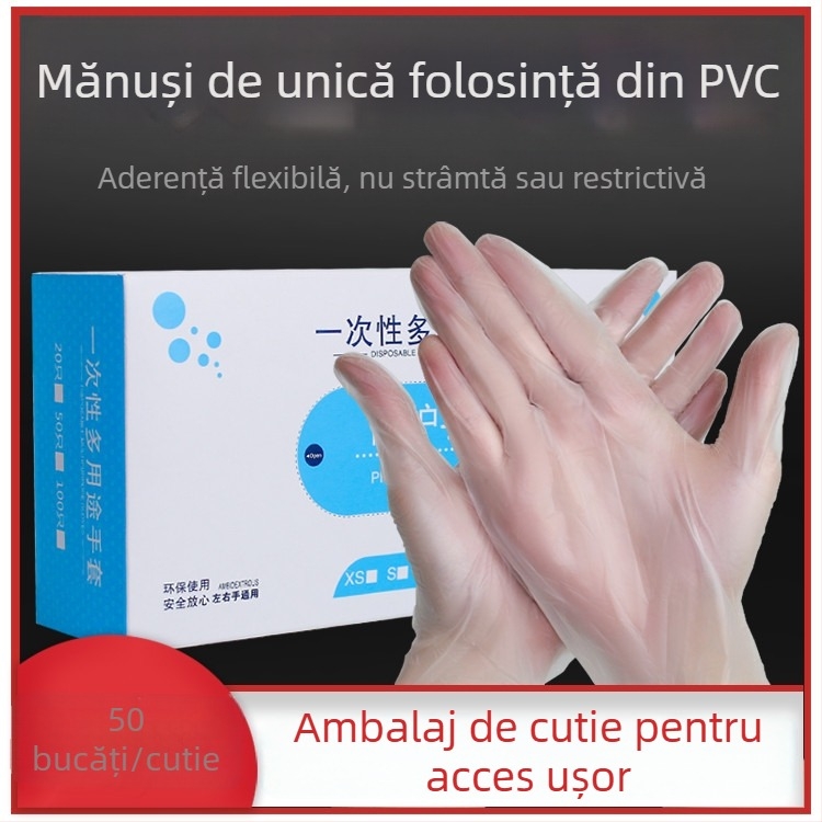 Mănuși PVC de unică folosință, cutie cu 50 de bucăți, pentru coacere, curățenie și spălat vase, de calitate alimentară