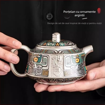 Set Gongfu de ceai 999 argintiu, ceainic și cești realizate manual, inspirat de Orașul Interzis, stil chinezesc, cadou de lux