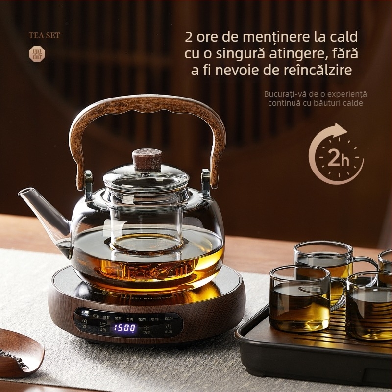Set ceainic cu plită ceramică electrică și oală din sticlă pentru fierberea apei, pentru prepararea ceaiului, destinat uzului personal sau la birou