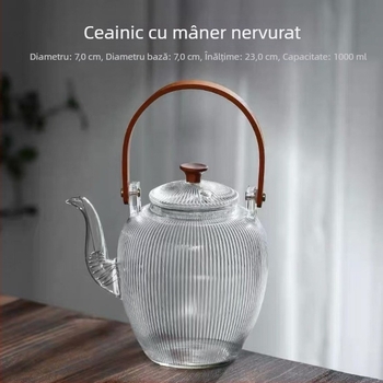 Ceainic din sticlă, stil japonez, cu mâner, 1000 ml, ceai de flori, rezistent la căldură