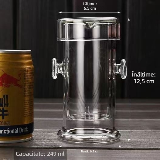 Ceainic din sticlă rezistentă la temperatură, cu filtru interior din sticlă pentru ceai negru — set ceainic și căni cu două mâneres
