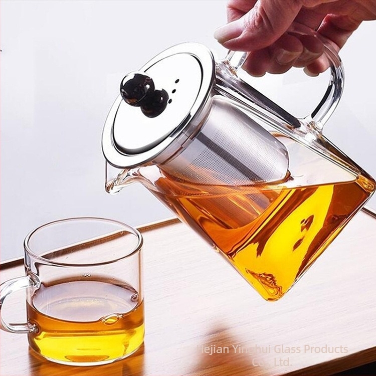 Ceainic pătrat din sticlă borosilicată, cu infuzor din oțel inoxidabil, rezistent la temperaturi înalte, compatibil cu flacără directă
