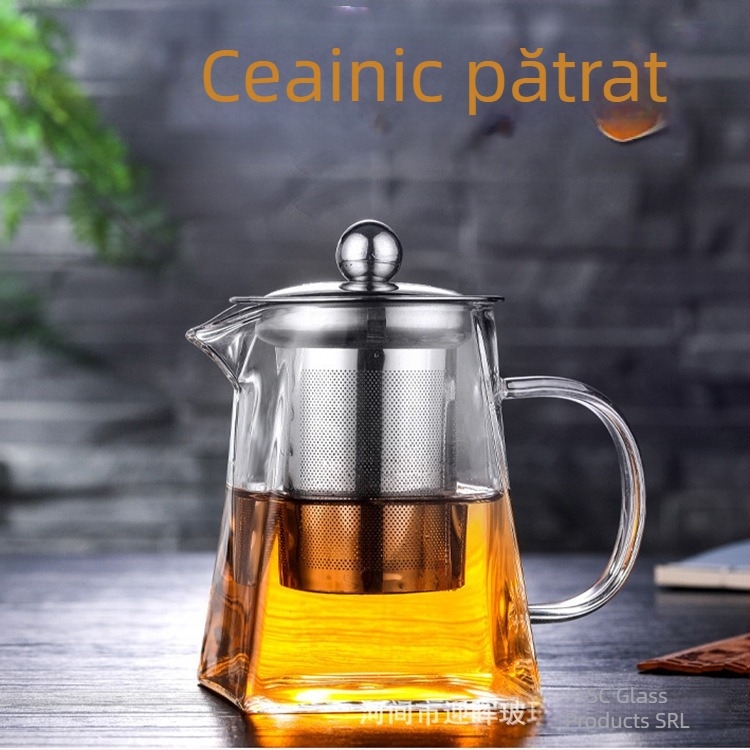 Ceainic pătrat din sticlă borosilicată, cu infuzor din oțel inoxidabil, rezistent la temperaturi înalte, compatibil cu flacără directă