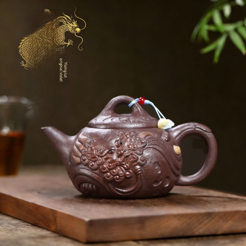 Ceainic Yixing Zisha, lut purpuriu original, realizat manual de un maestru renumit, design cu motiv de creatură norocoasă pentru infuzarea ceaiului