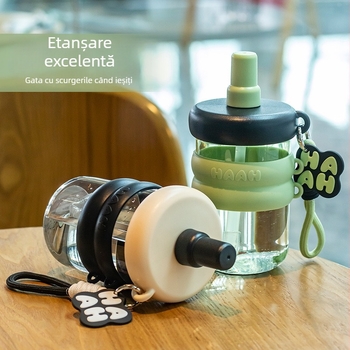 Pahar din plastic cu pai, portabil, stilat, pentru băuturi duble: ceai cu lapte și cafea, pentru birou
