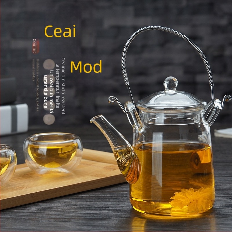 Ceainic din sticlă cu mâner de ridicare, ceai de flori, set Kung Fu de ceai