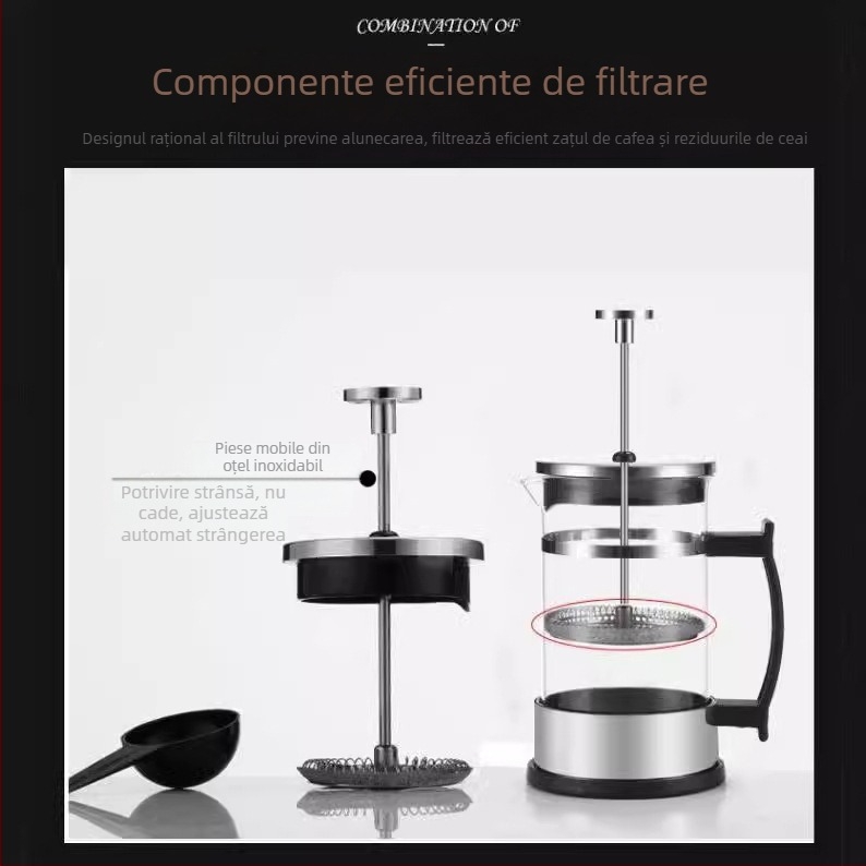 Set din sticlă pentru ceai și cafea, cu presă franțuzească pentru cafea, spumator de lapte, filtru, ceașcă de cafea și vas pentru cafea preparată manual