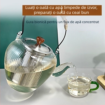 Ceainic din sticlă cu mâner de bambus, ceainic Kung Fu din sticlă borosilikată de înaltă calitate, potrivit pentru plita electrică din ceramică, pentru infuzarea ceaiului de flori și separarea ceaiului de apă